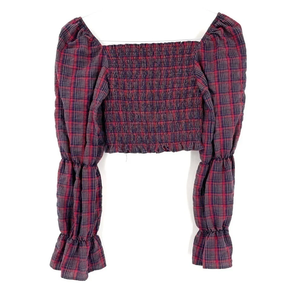 ZARA Plaid Cropped Long Sleeve Blouse Top - Picture 5 of 6